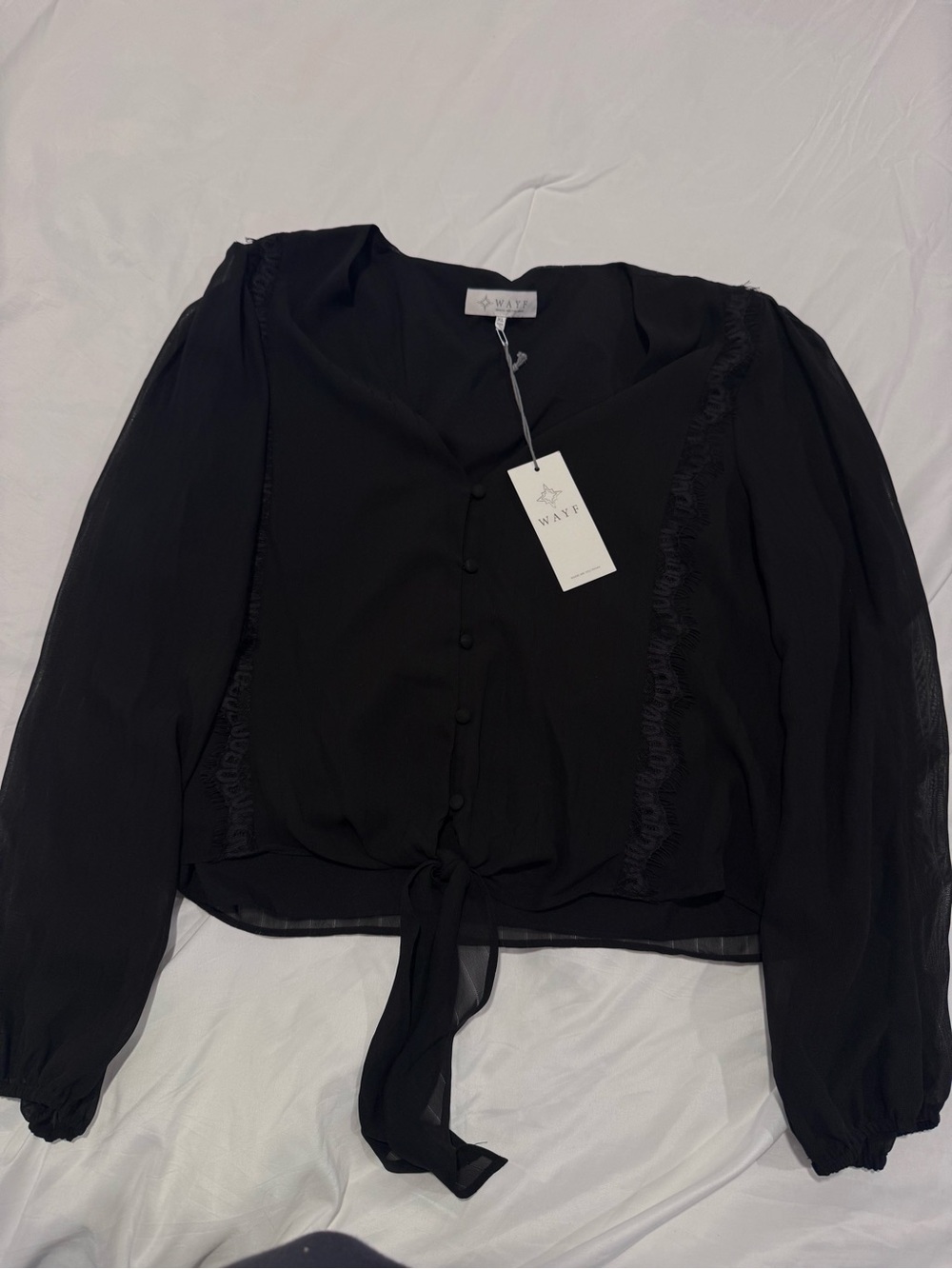 Black Tie-Front Long-Sleeve Blouse